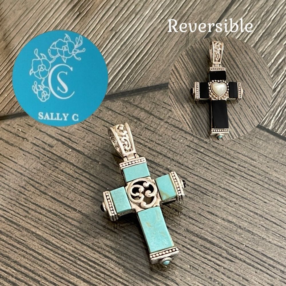 Sally C Treasures Sterling Double Sided Onyx Turquoise MOP Heart Cross Pendant